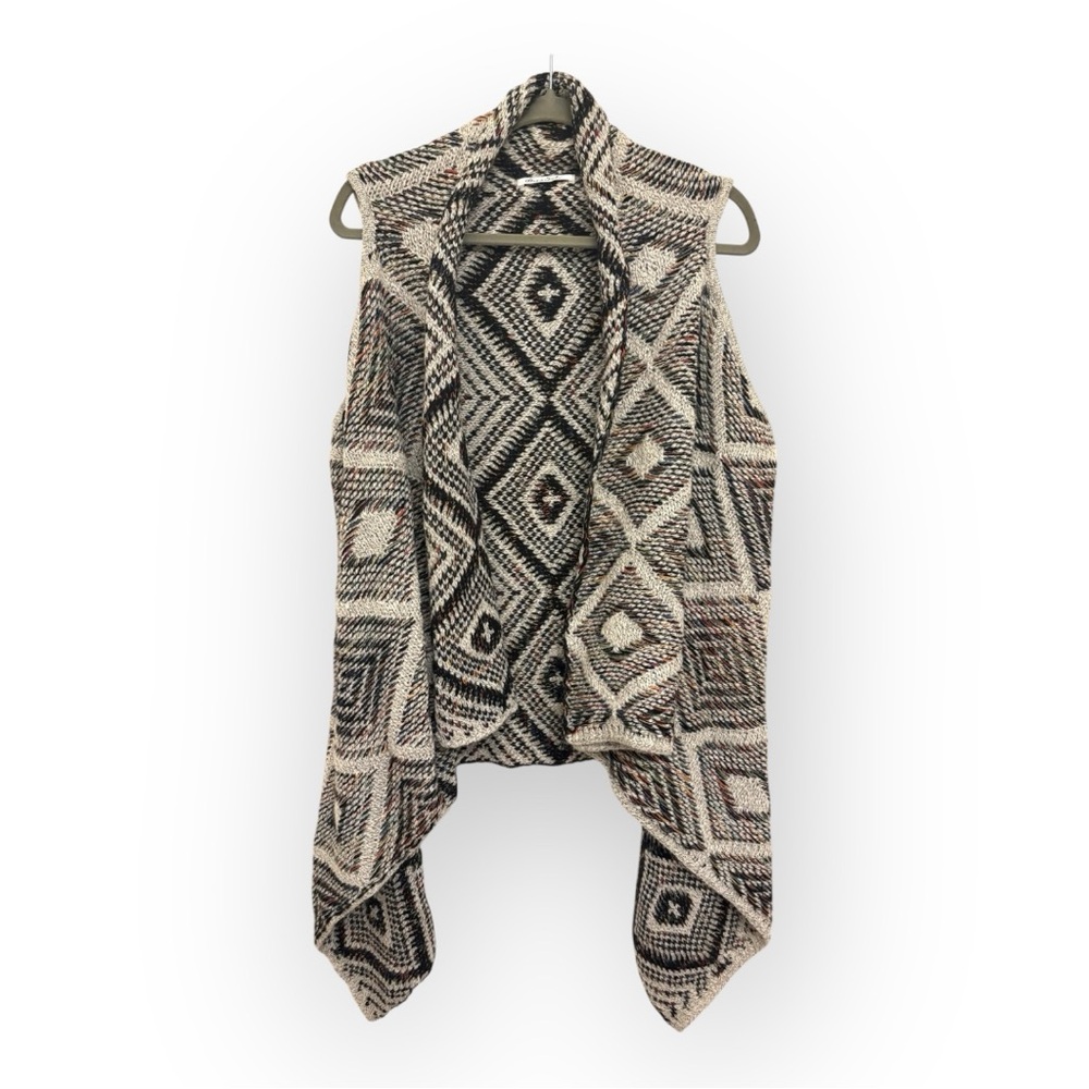 Boho Festival Sleeveless Knit Drape Cardigan Vest with Aztec Print L/XL